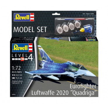 KIT PARA MONTAR REVELL MODEL SET AVIÃO EUROFIGHTER LUFTWAFFE 2020 "QUADRIGA" 1/72 85 PEÇAS COMPLETO COM TINTAS COLA E PINCEL REV 63843